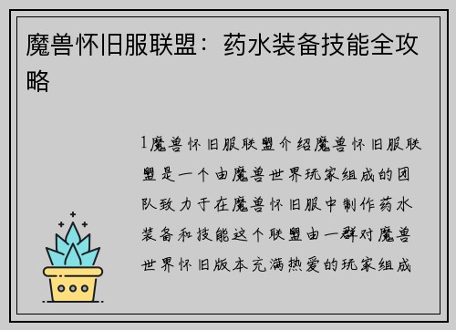 魔兽怀旧服联盟：药水装备技能全攻略